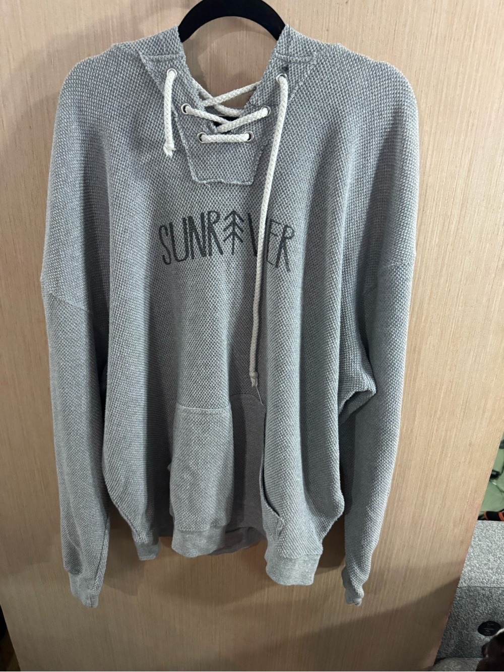 U.S. Vintage Lace-Up Hoodie with 'Sunriver' Graphic - Light Gray Size 2XL